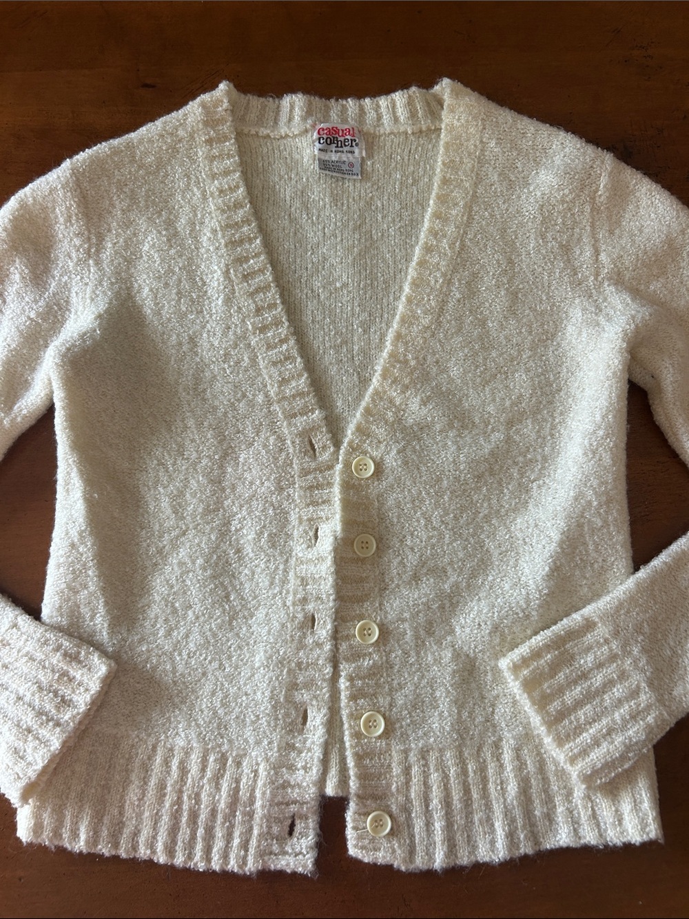 Vintage made in Hong Kong Casual Corner cream Textured V-Neck Button Cardigan
